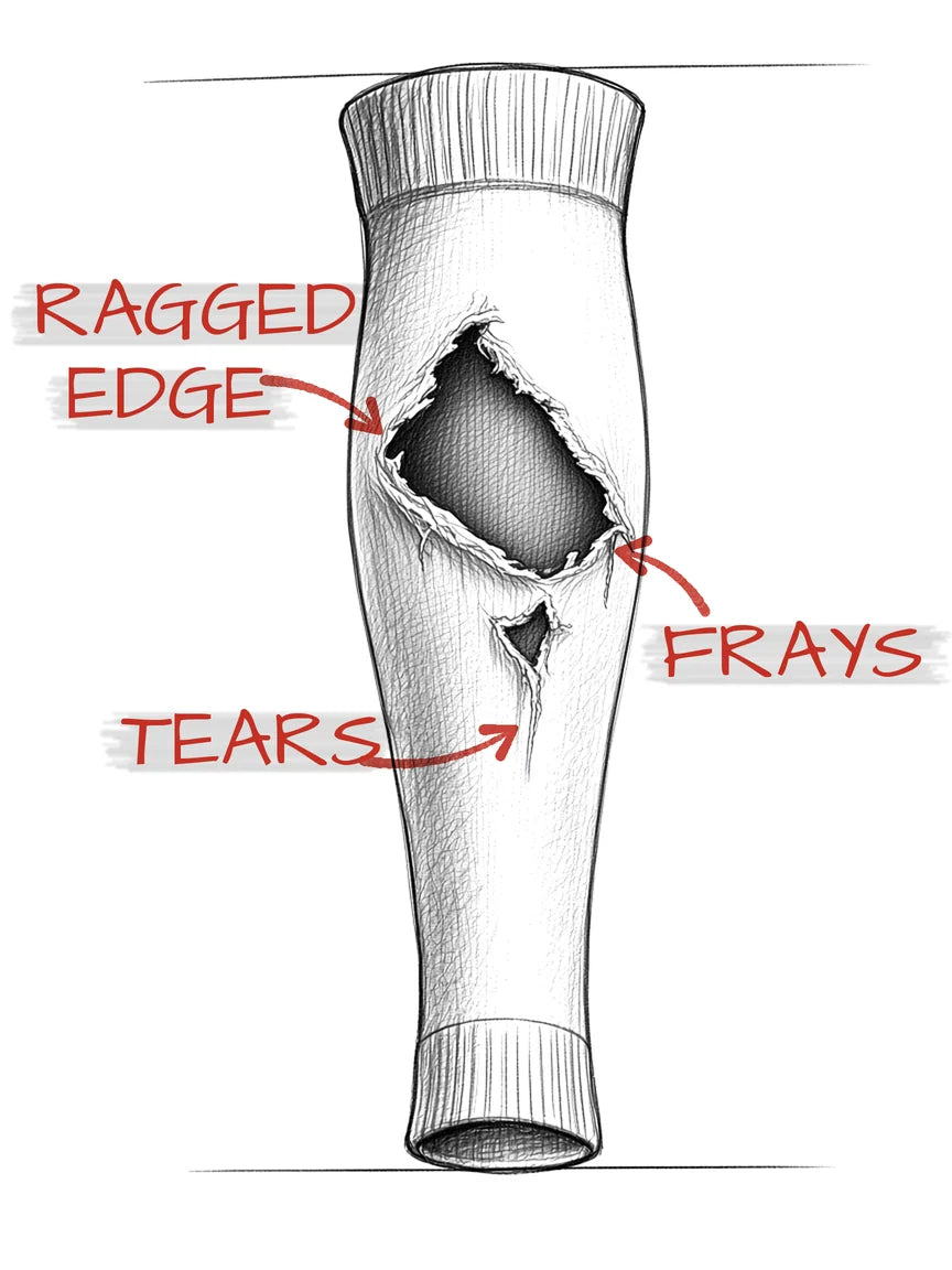 Pencil sketch of a match sock with the foot cut off and holes hacked in with scissors: one big crooked, ragged hole and a small torn slit on the back of the calf, with frayed threads