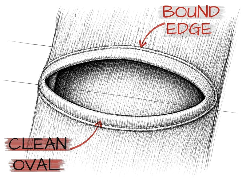 Pencil close-up of the bound edge around the opening