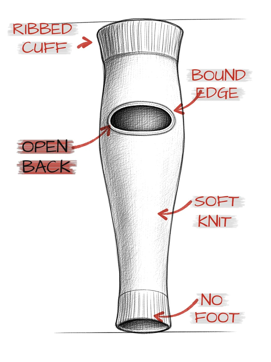 Pencil sketch of PX VENT from the back: ribbed cuff, one bound oval opening on the upper calf, soft knit body, no foot