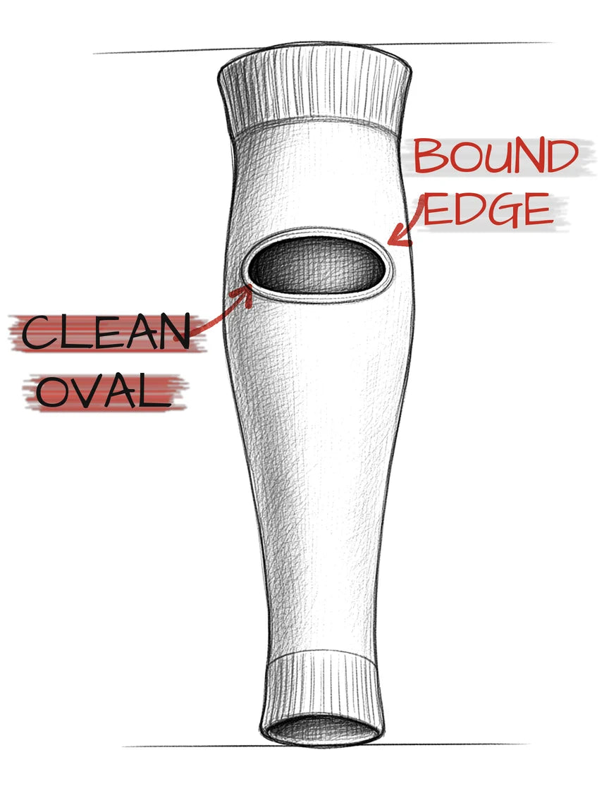 Pencil sketch of PX VENT: one clean oval opening with a bound edge