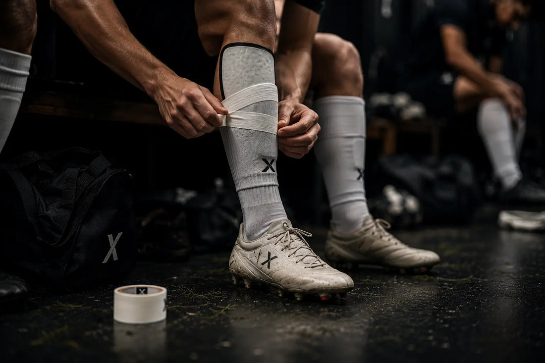 Footballer wearing taped socks during a match to keep football socks secure on the pitch