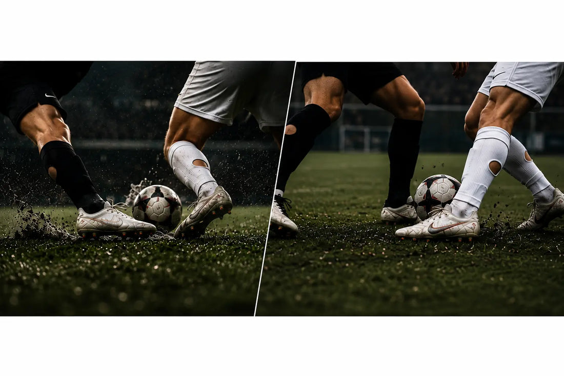 UK 7-a-side football players competing under floodlights on an evening pitch