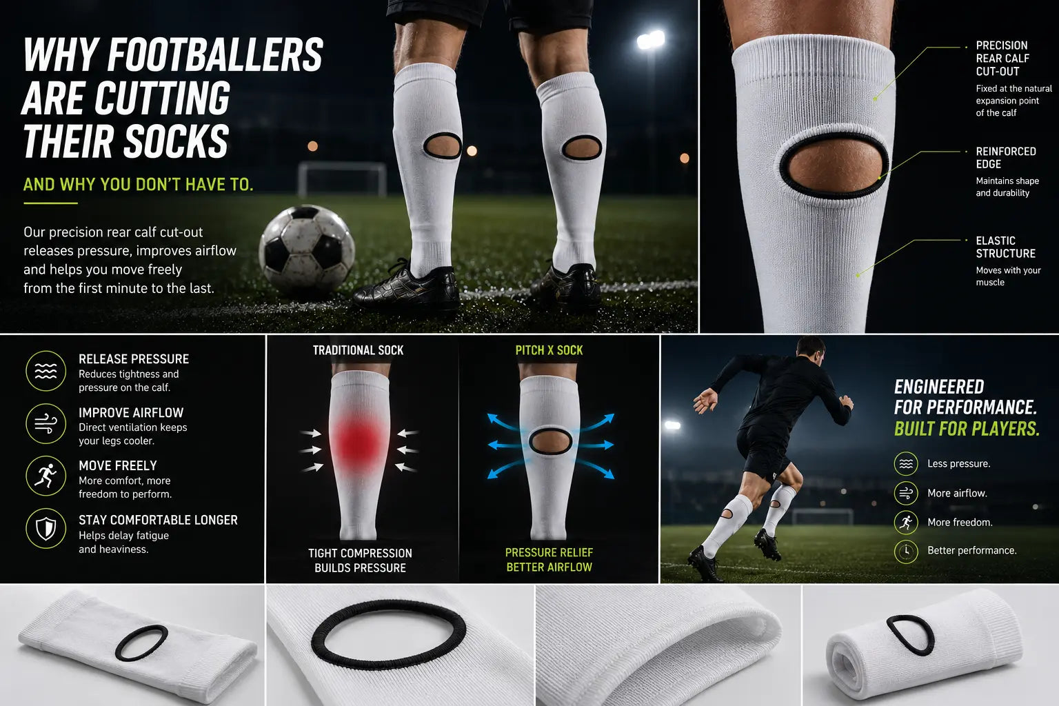 Footballer with cut football socks showing why players modify socks for calf comfort