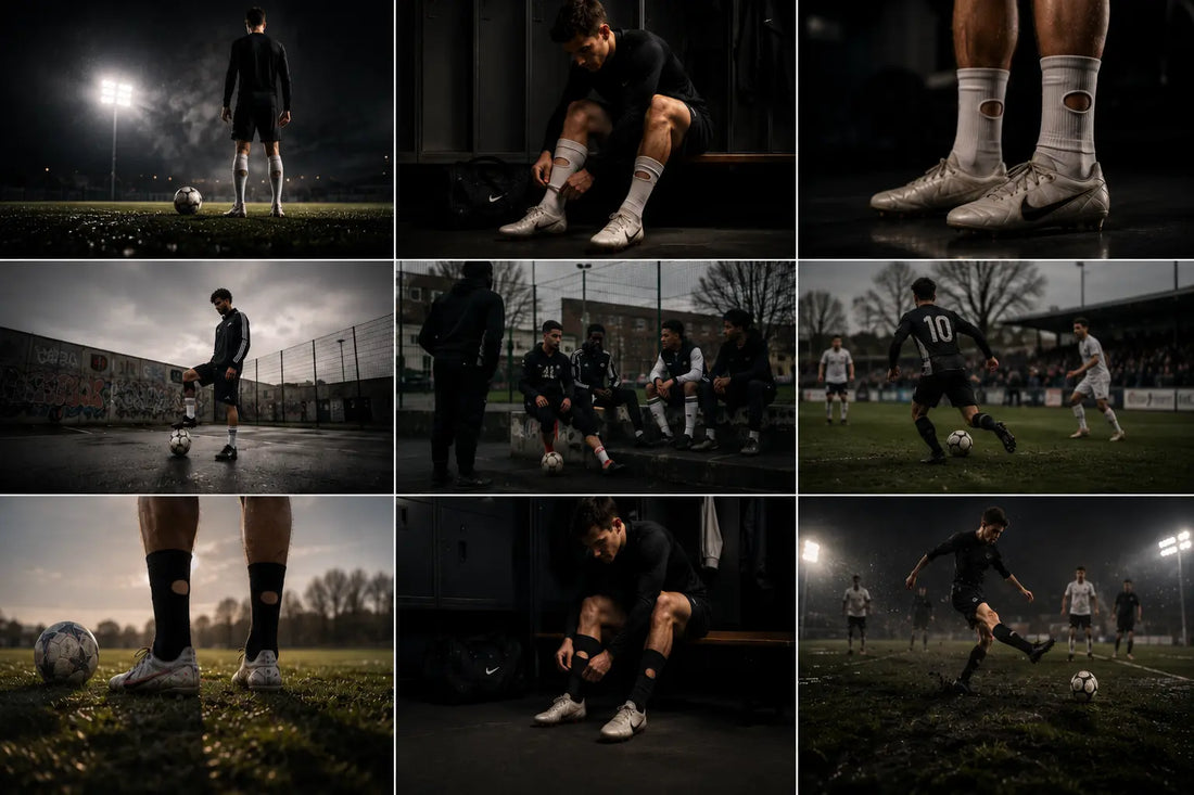 Footballers wearing modified socks as part of modern football style and performance habits