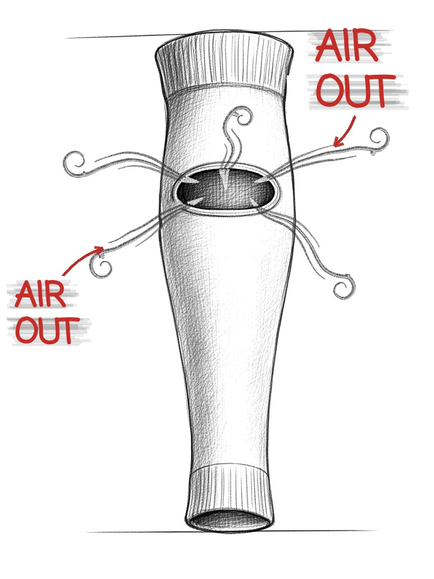 Pencil drawing of PX VENT® with airflow lines coming out of the oval opening at the back of the calf, marked air out