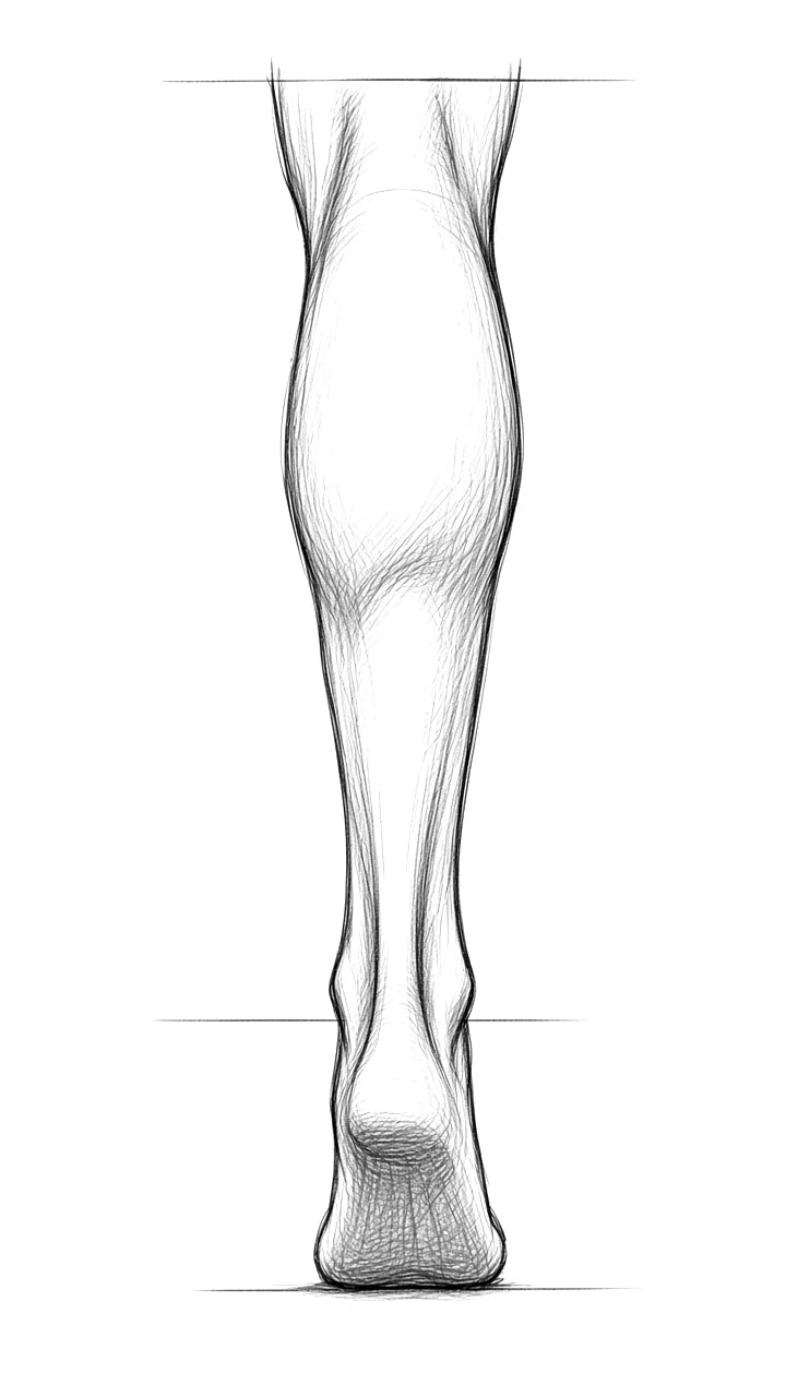 Pencil sketch of the back of the lower leg showing the calf muscles and the Achilles tendon